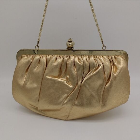 EUC VINTAGE FAYE MELLE Original Rhinestone Mother of Pearl Fluffy Gold Clutch - Picture 10 of 16